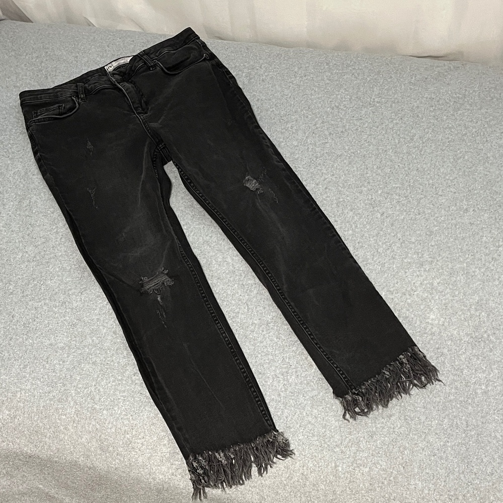 Womens Free People Black Cropped Jeans 29 Frayed Hem Boho Festival Grunge